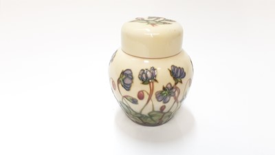 Lot 1111 - Moorcroft pottery ginger jar and cover decorated in the Hepatica pattern by Emma Bossons, painted by Joanne White, dated 99, 11cm high