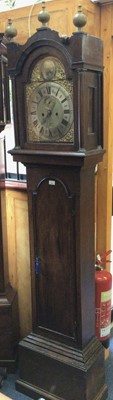 Lot 693 - 18th century longcase clock by Barnaby Dammant with brass and silvered arched dial, subsidiary seconds and date aperture , striking on bell, in oak case with gilt ball mounts, pendulum, key and wei...