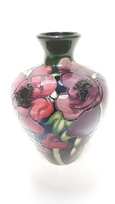 Lot 1150 - Moorcroft pottery vase decorated in the Anemone Tribute pattern by Emma Bossons, painted by Joanne Megyesi, dated 2003, 18.5cm high, boxed