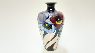 Lot 1151 - Moorcroft pottery limited edition vase decorated in the Pansy Pastime (locked room) pattern by Rachel Bishop, no. 46 of 50, dated 2010, 16cm high