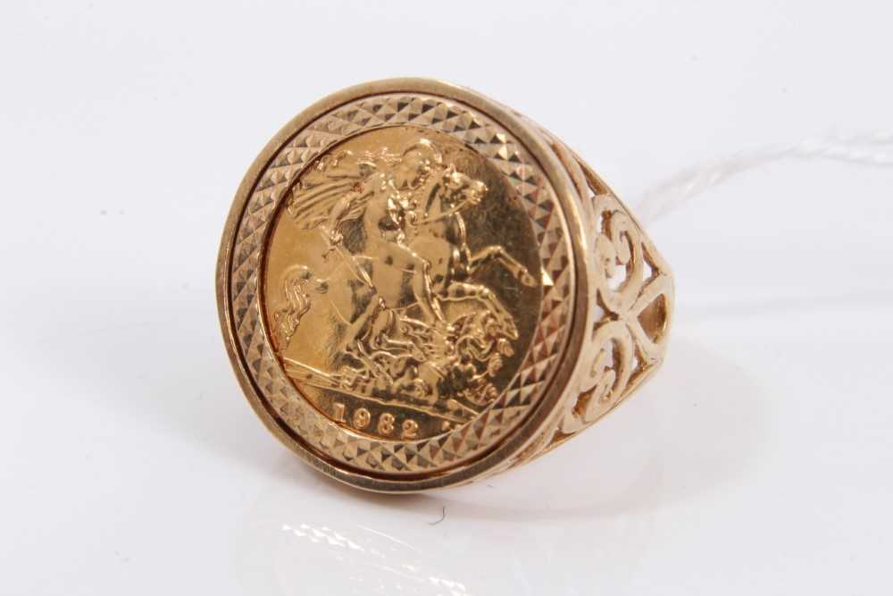Lot 88 - Elizabeth II gold half sovereign, 1982, in 9ct gold ring mount, size R½