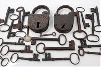 Lot 605 - Collection of antique iron keys and padlocks,...