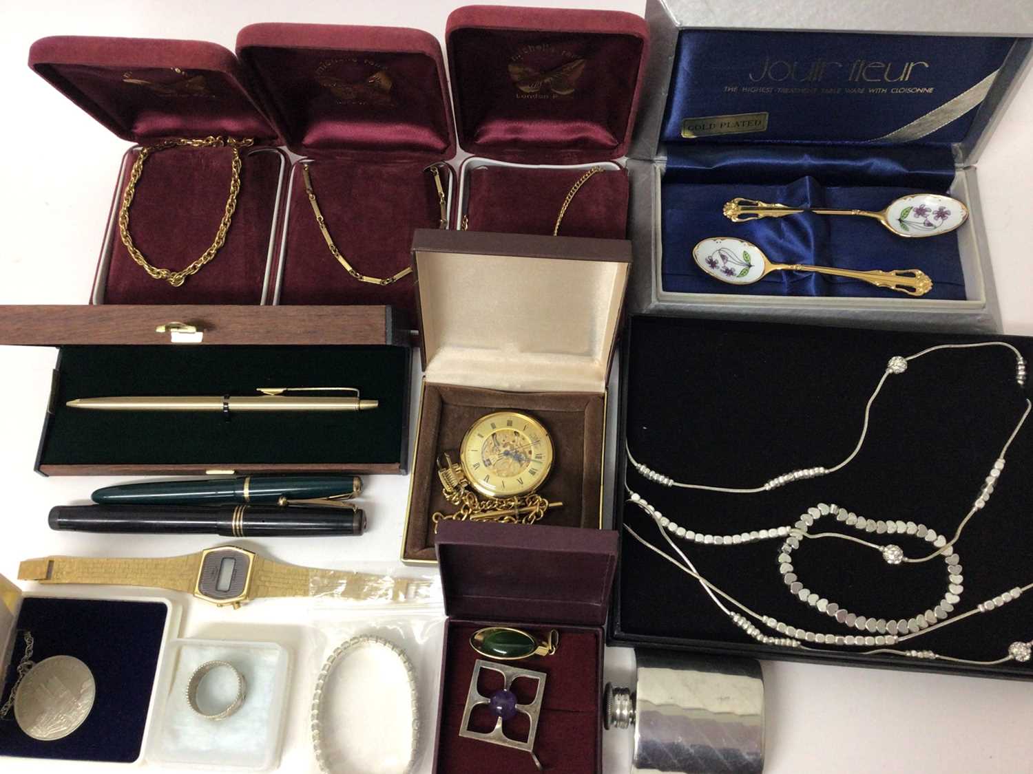 Lot 91 - Costume jewellery including gold plated chains, silver amethyst pendant, Jean Pierre fob watch on chain, various fountain pens and other items