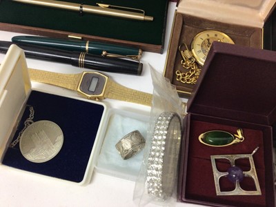 Lot 91 - Costume jewellery including gold plated chains, silver amethyst pendant, Jean Pierre fob watch on chain, various fountain pens and other items