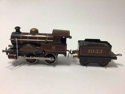 Lot 22 - Railway O Gauge Bing tinplate clockwork locomotive and tender "Vulcan", No 1053