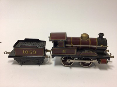 Lot 22 - Railway O Gauge Bing tinplate clockwork locomotive and tender "Vulcan", No 1053