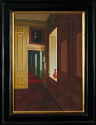 Lot 1137 - *Peter Kelly RBA NEAC (1931-2019) oil on canvas - The Red Vase, Christchurch Mansions Ipswich, monogrammed, titled to gallery label verso, 43cm x 30.5cm, in glazed frame