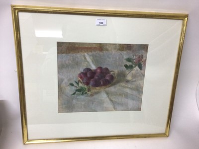 Lot 182 - *Jacquline Rizvi (b. 1941) watercolour - Still Life, Plums in a Basket, initialled and dated '91, 28cm x 35cm, in glazed gilt frame
