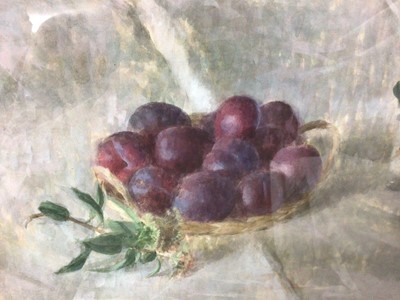Lot 182 - *Jacquline Rizvi (b. 1941) watercolour - Still Life, Plums in a Basket, initialled and dated '91, 28cm x 35cm, in glazed gilt frame