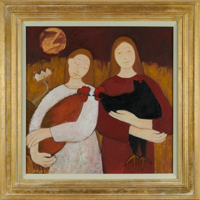 Lot 1153 - *Helen Tabor (b. 1960) oil on board - Beak to Beak, signed, 49.5cm square, in glazed gilt frame