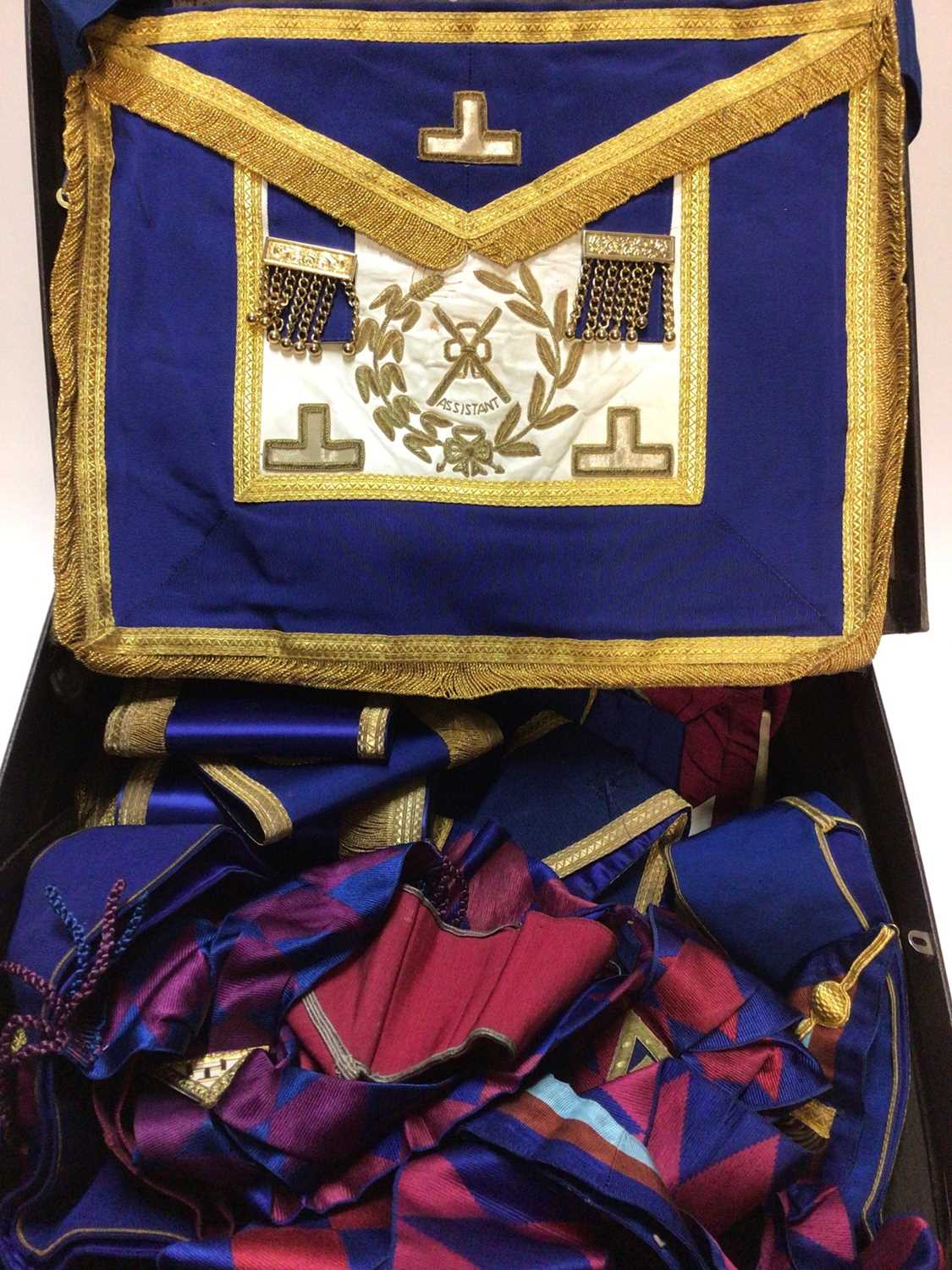 Lot 2487 - Masonic regalia to include ten aprons, ten sashes and six cuffs, London and Essex lodges.