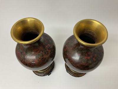 Lot 225 - Large pair of Chinese cloisonné enamel vases on carved wooden stands