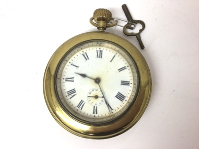 Lot 882 - 19th century brass timepiece alarm clock in the form of an oversized pocket watch. Striking on a bell, with key