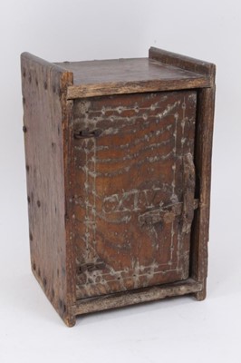 Lot 921 - An unusual small hardwood cupboard in the Roman style 'CXIV', hinged door with catch