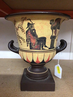 Lot 393 - Reproduction ancient Greek attic ware two handled urn on a painted wooden plinth.