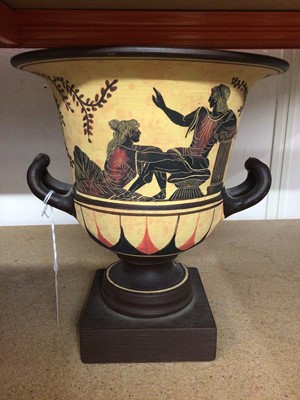 Lot 393 - Reproduction ancient Greek attic ware two handled urn on a painted wooden plinth.