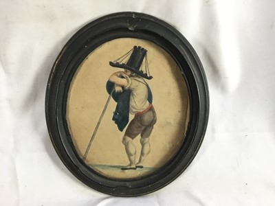Lot 206 - European School, 18th century, watercolour of a man leaning on his stick, 19cm x 16cm, in oval metal frame