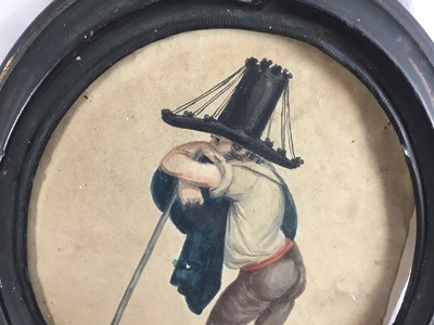 Lot 206 - European School, 18th century, watercolour of a man leaning on his stick, 19cm x 16cm, in oval metal frame