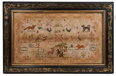 Lot 956 - Edwardian girl school sampler, Sopley Council School 1904. Ebonised and gilt frame.