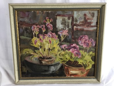 Lot 219 - T. M. Kitwood, mid 20th century, oil on canvas - still life, "Primulas", signed and dated 1955 verso, 36cm x 41cm, framed