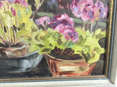 Lot 219 - T. M. Kitwood, mid 20th century, oil on canvas - still life, "Primulas", signed and dated 1955 verso, 36cm x 41cm, framed