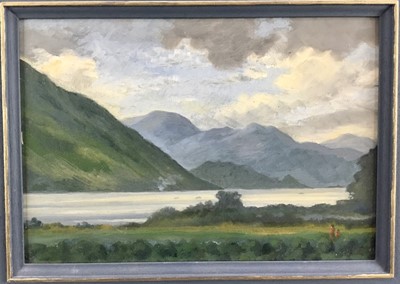 Lot 209 - English School, 20th century, oil on board - lake and mountain landscape, 20cm x 29cm, in painted frame