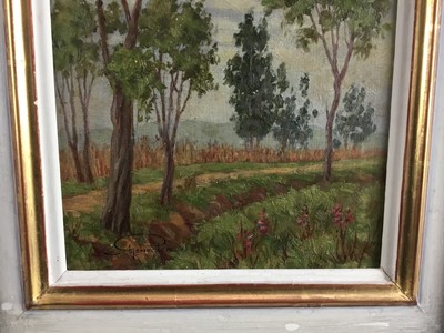 Lot 215 - Alejandro Gomez Leal, (1903-1979) oil on board - country landscape, signed, 25cm x 20cm, in painted and gilt frame