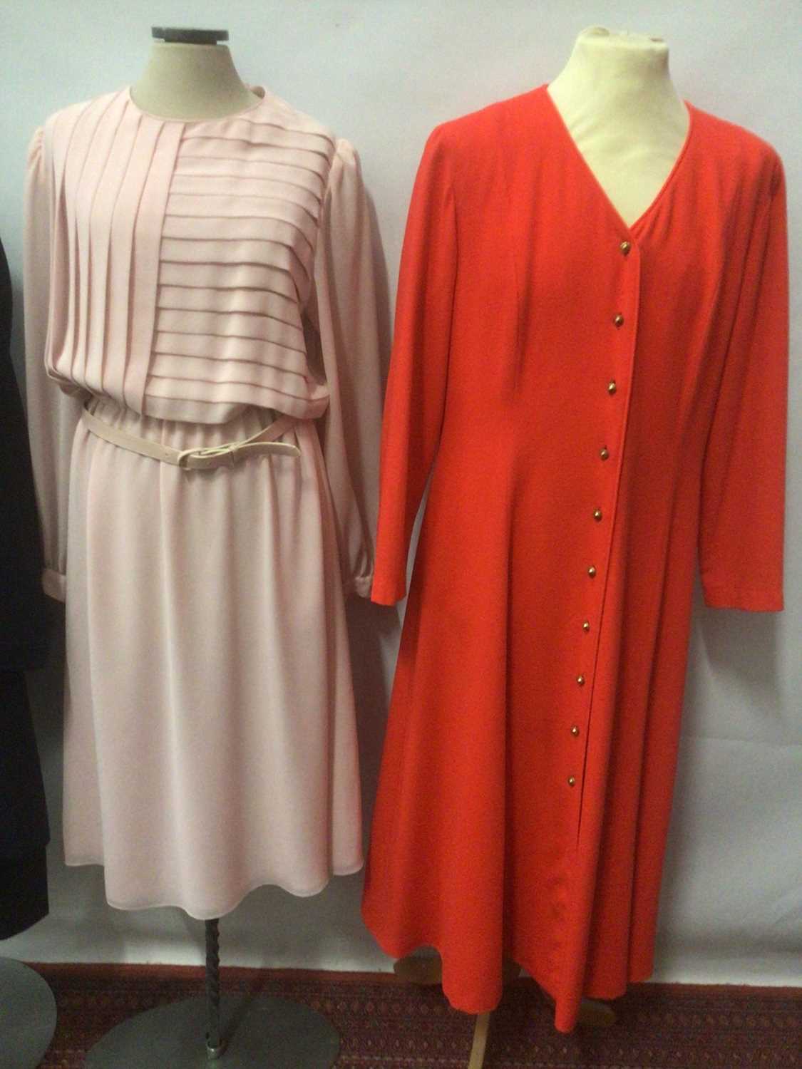 Lot 2066 - 1970's Parigi pink dress with pleated bodice, 1980's Jaeger orange wool coat dress, Frank Usher evening tunic with matching skirt, Basler brown skirt with tags, two vintage blousers and an inlined...