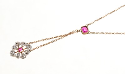 Lot 700 - Edwardian diamond and ruby pendant necklace in platinum setting on gold, in original fitted leather box