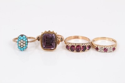 Lot 708 - Four gold and gem-set rings to include a Georgian amethyst foiled back seal on later gold shank, Victorian garnet five stone ring, Victorian pavé set turquoise and seed pearl ring and a Victorian s...