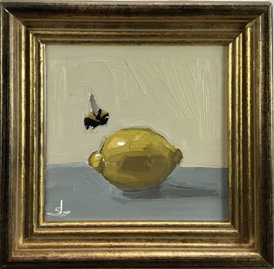 Lot 19 - Vivek Mandalia 
A bumble bee and a lemon, oil on artist board, 
signed, in gilt frame. 19 x 19cm.