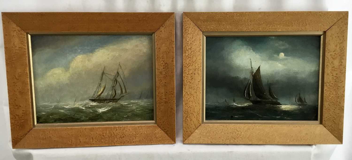 Lot 14 - English School 19th Century 
Sailing vessels by day and by night, a pair of oils on  
canvas, indistinctly signed, in birds eye maple  
frames. Each 16 x 20cm. (2)