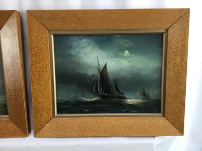 Lot 14 - English School 19th Century 
Sailing vessels by day and by night, a pair of oils on  
canvas, indistinctly signed, in birds eye maple  
frames. Each 16 x 20cm. (2)