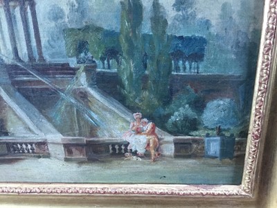 Lot 12 - Continental School late 19th Century 
An elegant couple and their dog on a wall below 
a temple, in gilt frame. 31 x 39cm.
