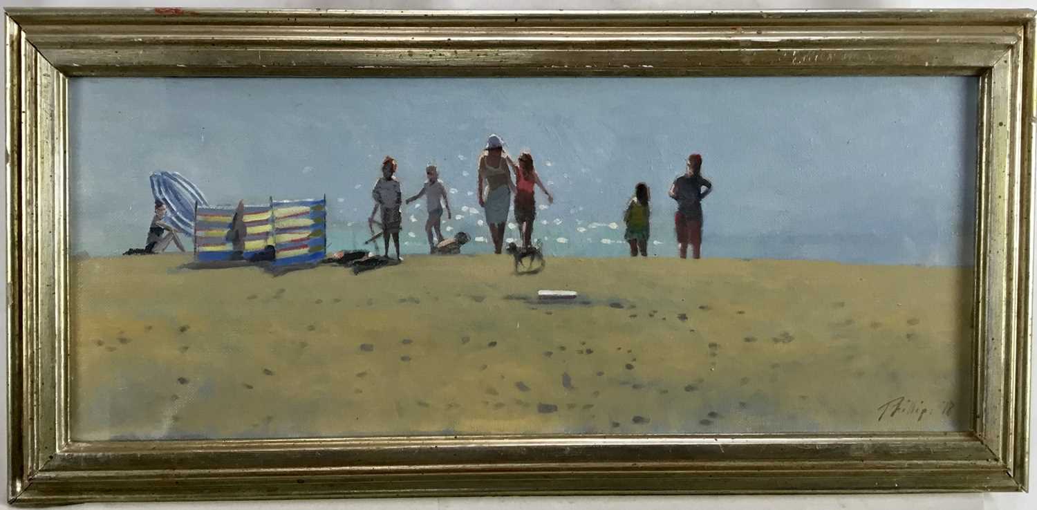 Lot 18 - Phillips

Oil on canvas, A beach scene with a family and their dogs, 
enjoying a sunny day, signed 
and dated '18, in gilt frame. 20 x 48cm.