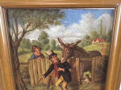 Lot 16 - Irish School late 19th Century, oil on board,  
A poacher being caught fishing by a gamekeeper, 
his dog and a donkey, in wooden 
frame. 37 x 30cm.