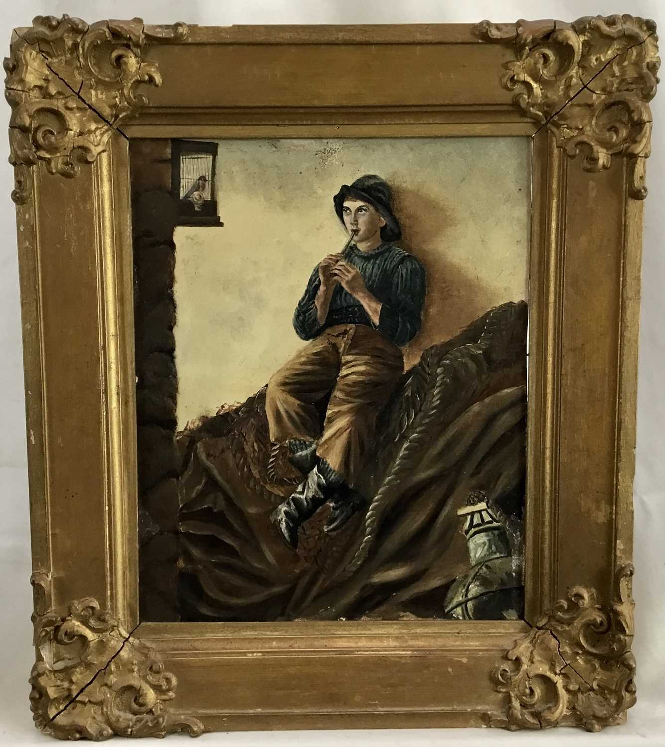 Lot 15 - English School late 19th Century, oil on board, 
A young fisherman sat on nets playing a penny 
whistle to a caged bird, in gilt  
frame. 25 x 20cm.
