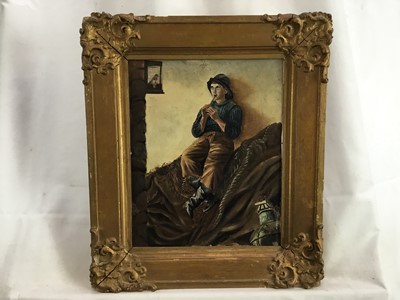 Lot 15 - English School late 19th Century, oil on board, 
A young fisherman sat on nets playing a penny 
whistle to a caged bird, in gilt  
frame. 25 x 20cm.
