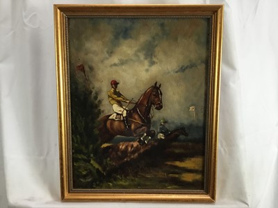 Lot 11 - Charles Grimme, oil on panel, 
"The Point to Point Race", signed 
and inscribed verso, in gilt frame. 39 x 30cm.