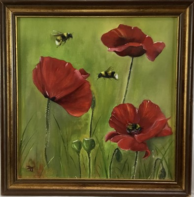 Lot 20 - Vivek Mandalia, oil on artist board, 
"Bees & Poppies", signed, 
in gilt frame. 29 x 28cm.