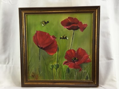 Lot 20 - Vivek Mandalia, oil on artist board, 
"Bees & Poppies", signed, 
in gilt frame. 29 x 28cm.