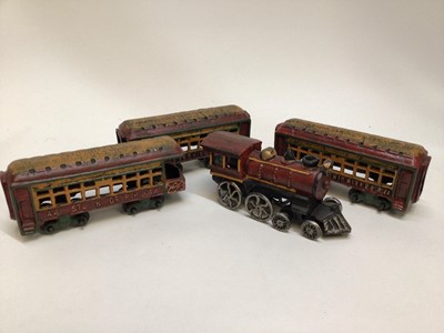 Lot 33 - Railway mixed selection including O Gauge locomotives American Flyer (x2) cast iron model and other tinplate models and a reproduction Poster (QTY)