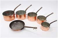 Lot 636 - Graduated set of six antique copper pans -...