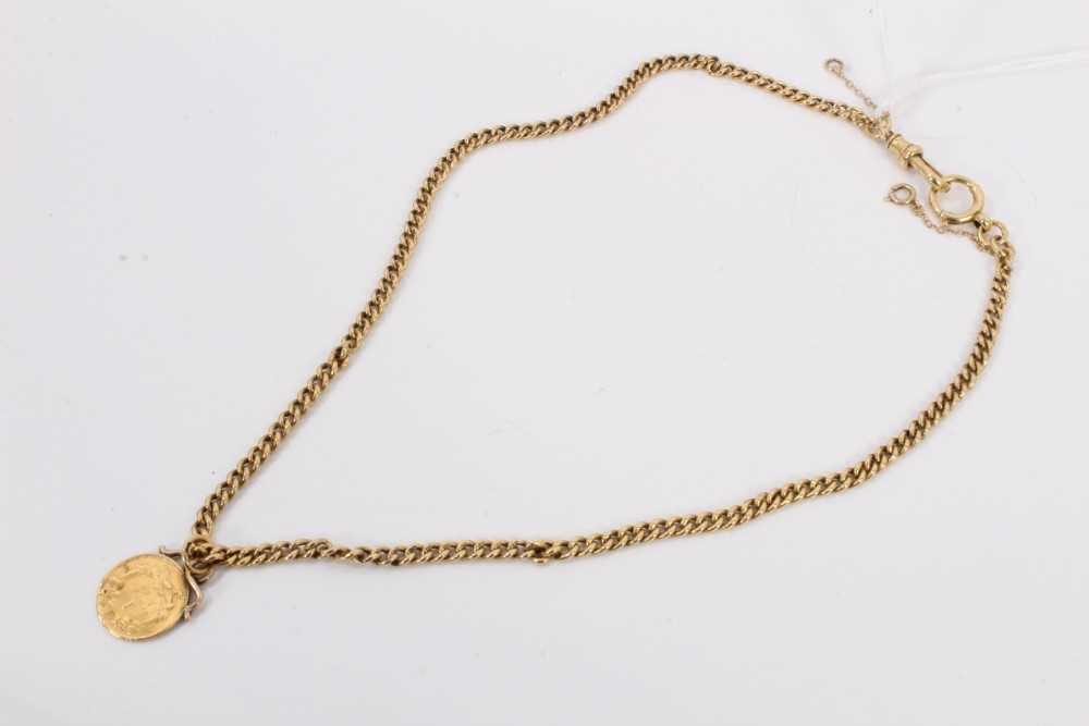 Lot 46 - 18ct gold watch chain/necklace with gold 1855 one dollar coin pendant