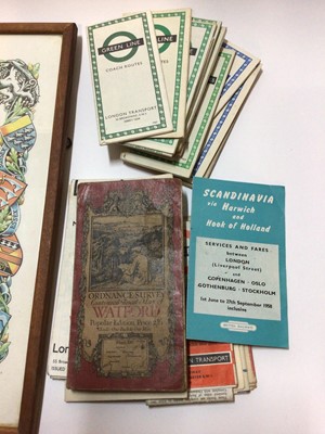Lot 2480 - Two framed London Central Bus Company Certificates of Services, together with staff badge and a collection of old London bus and train maps