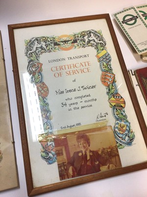 Lot 2480 - Two framed London Central Bus Company Certificates of Services, together with staff badge and a collection of old London bus and train maps