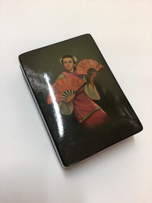 Lot 55 - Russian lacquered snuff box, hand painted with a girl holding fans, signed and dated