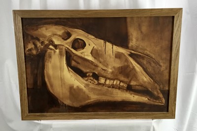 Lot 4 - Modern British mixed media - horse skull, 70cm x 48cm, framed