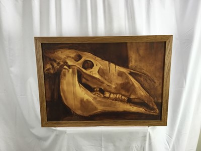 Lot 4 - Modern British mixed media - horse skull, 70cm x 48cm, framed