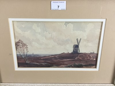 Lot 280 - Edwin Harris watercolour - Sussex windmills, 25cm x 15cm in glazed frame